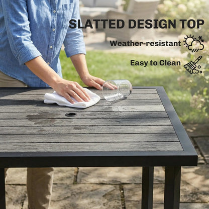 Outsunny Square Garden Dining Table with Parasol Hole, Slatted Top, Metal Frame, 86 x 86 x 71 cm, Light Grey 5