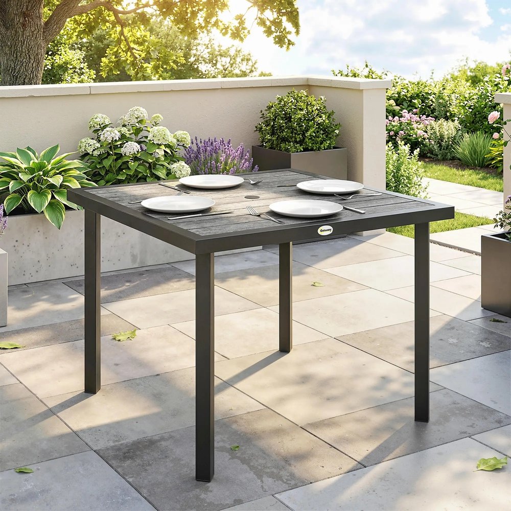 Outsunny Square Garden Dining Table with Parasol Hole, Slatted Top, Metal Frame, 86 x 86 x 71 cm, Light Grey 6