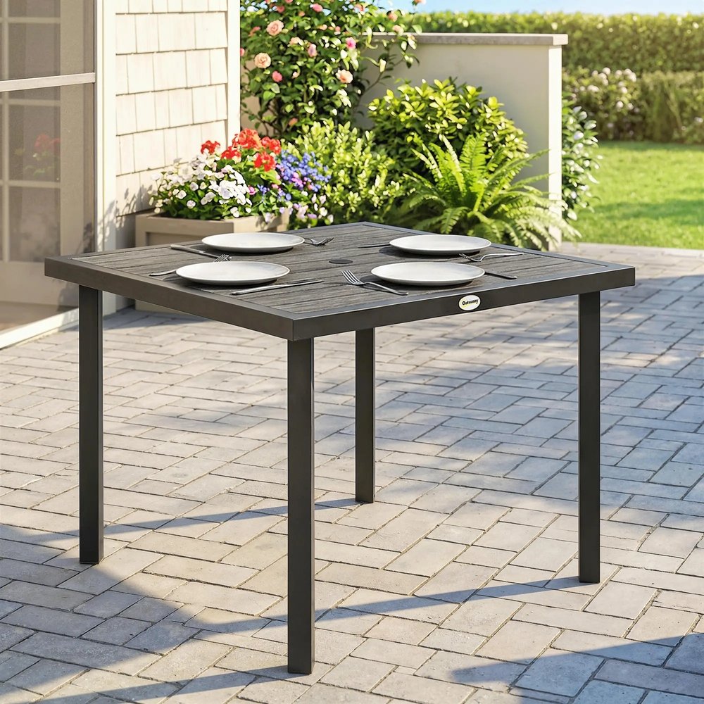 Outsunny Square Garden Dining Table with Parasol Hole, Slatted Top, Metal Frame, 86 x 86 x 71 cm, Light Grey 7