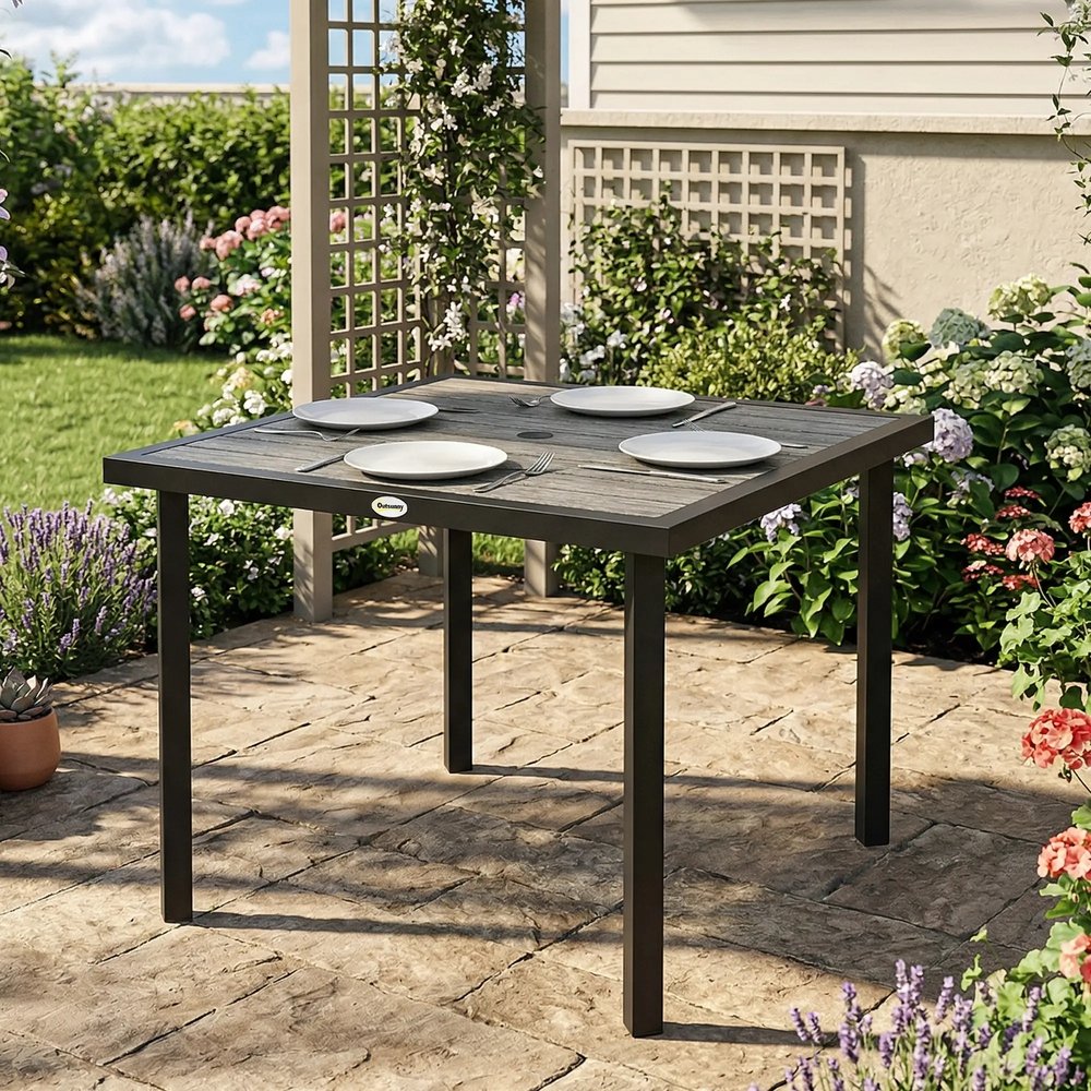 Outsunny Square Garden Dining Table with Parasol Hole, Slatted Top, Metal Frame, 86 x 86 x 71 cm, Light Grey 8