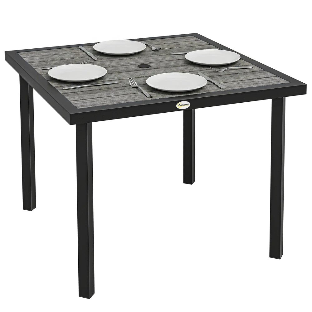 Outsunny Square Garden Dining Table with Parasol Hole, Slatted Top, Metal Frame, 86 x 86 x 71 cm, Light Grey 9