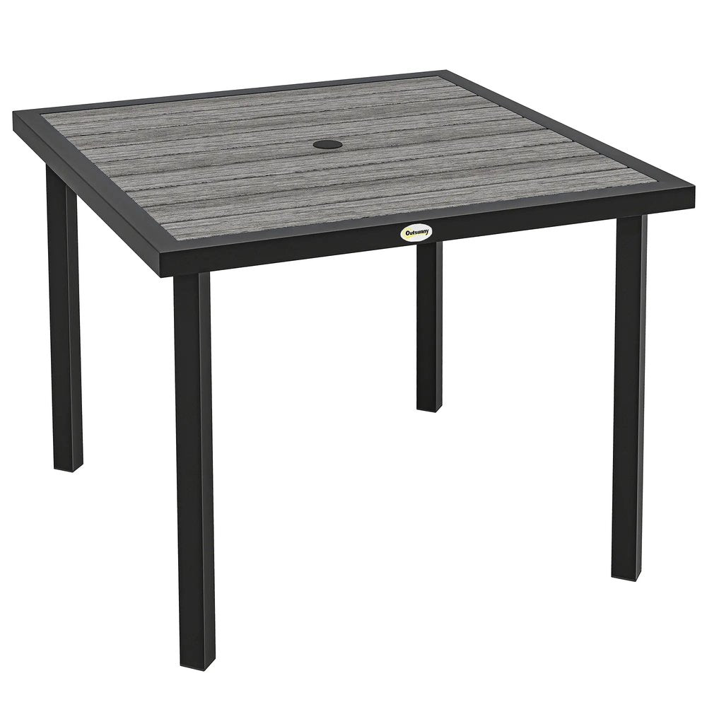 Outsunny Square Garden Dining Table with Parasol Hole, Slatted Top, Metal Frame, 86 x 86 x 71 cm, Light Grey 