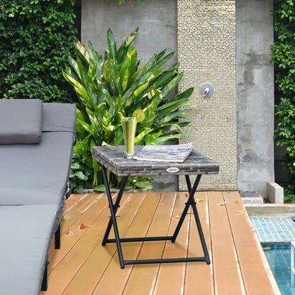 Outsunny Square PE Wicker Rattan Folding Table,Weather Resistant Wicker Weave Side Table with Steel Frame, Grey