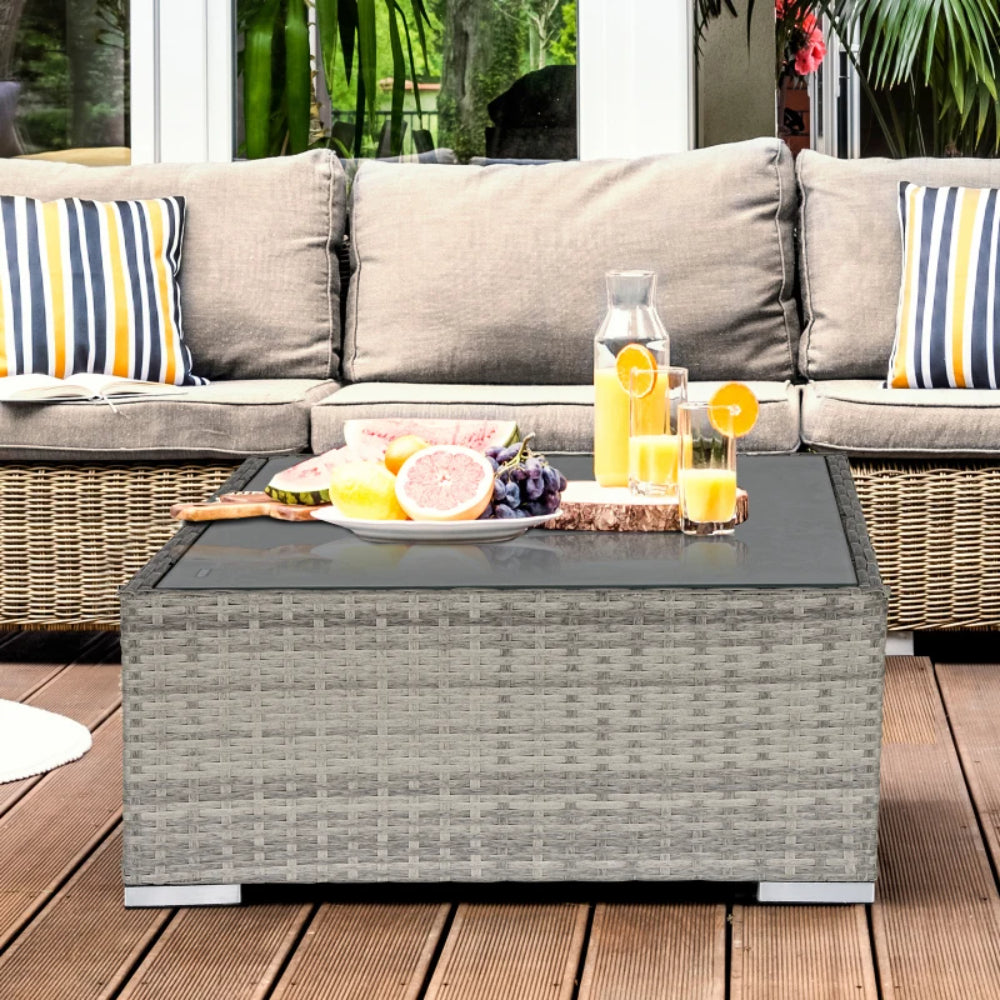 Outsunny Square PE Wicker Rattan Table, with Glass Top