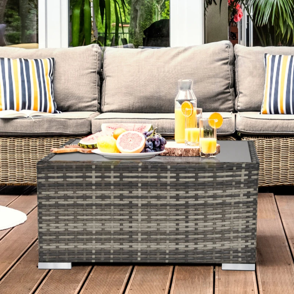 Outsunny Square PE Wicker Rattan Table, with Glass Top