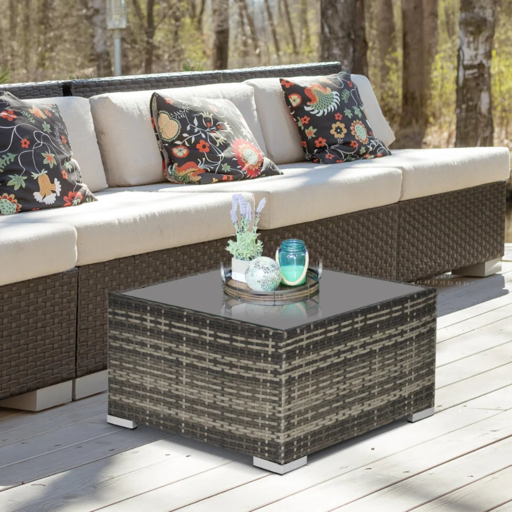 Outsunny Square PE Wicker Rattan Table, with Glass Top