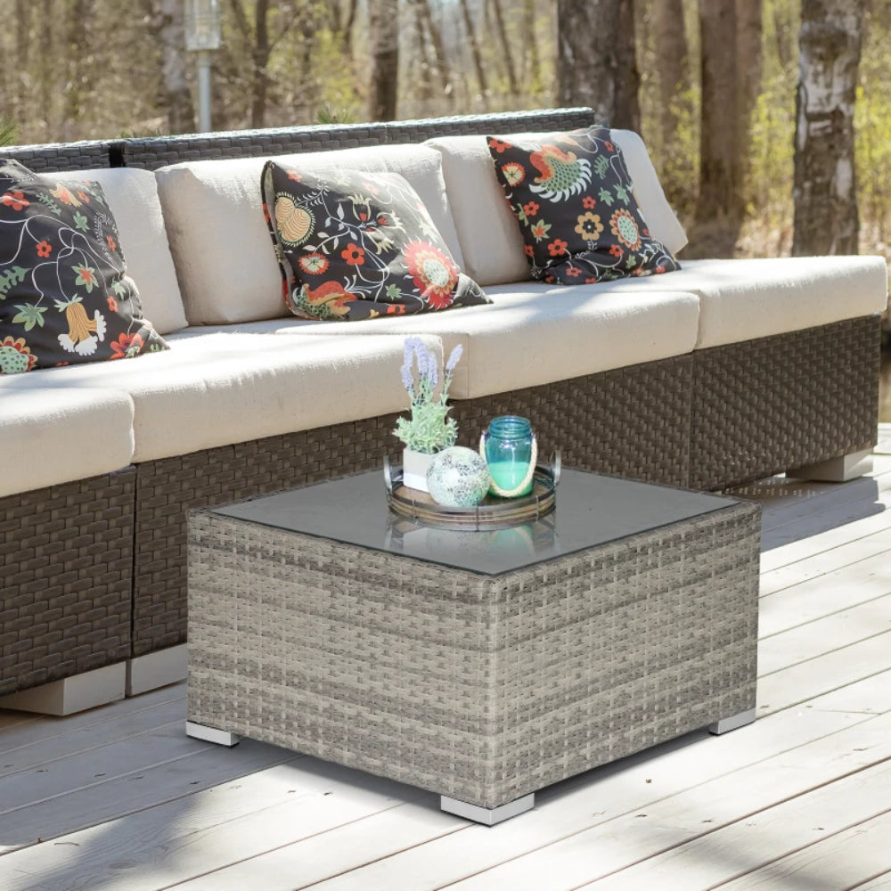 Outsunny Square PE Wicker Rattan Table, with Glass Top