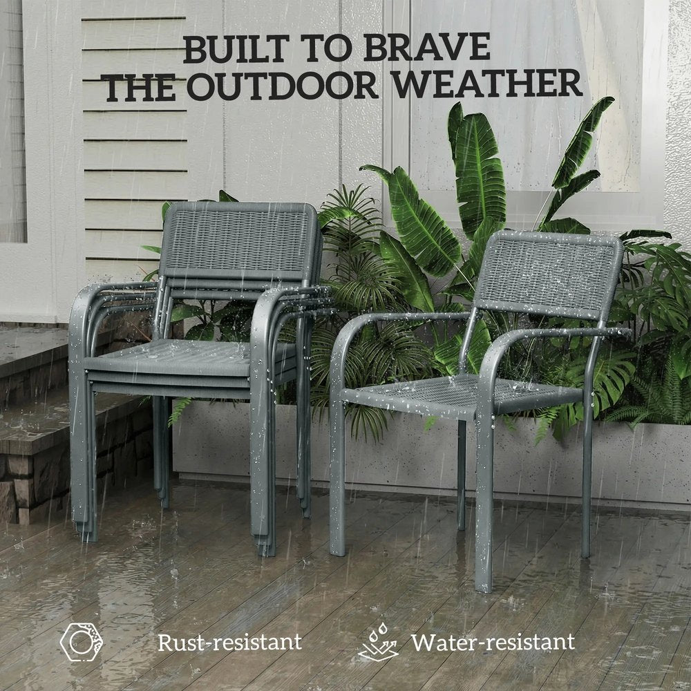Outsunny Stackable Garden Chairs Set of 4, Rattan Effect Outdoor Dining Chairs, Light Grey 4