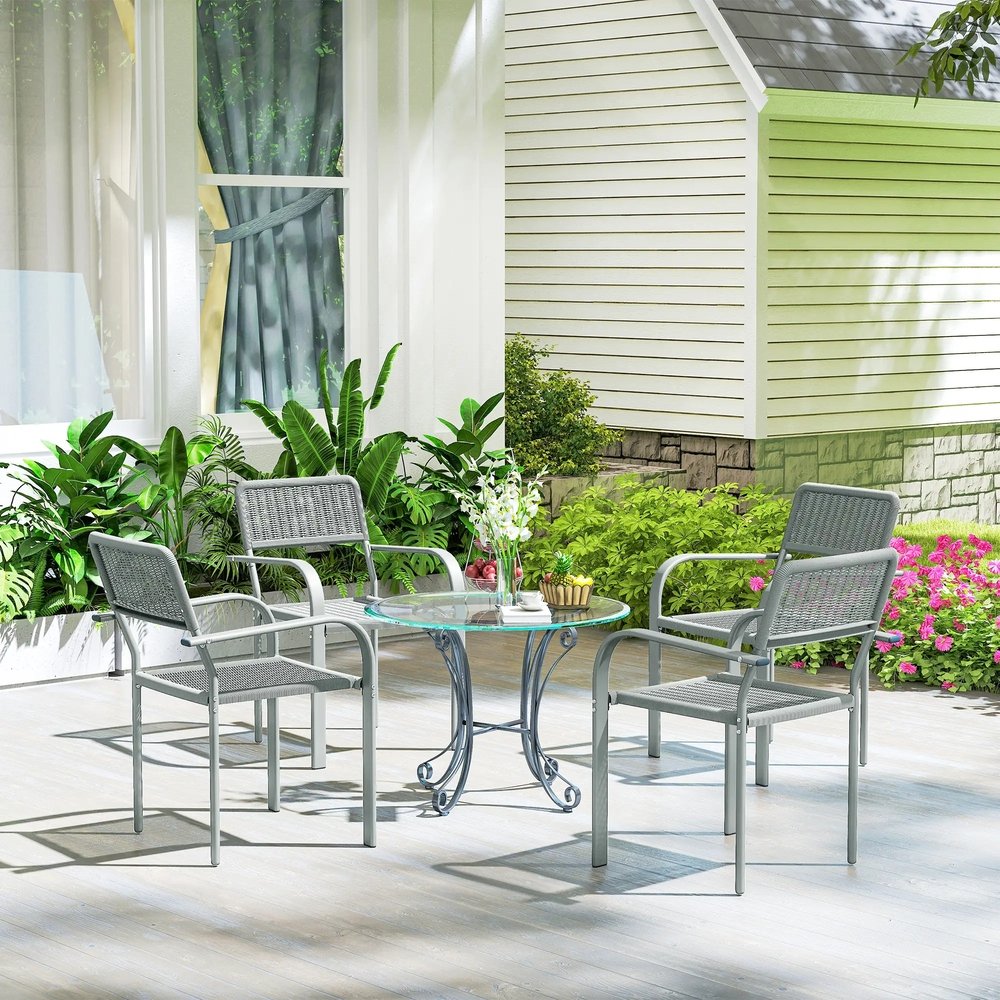 Outsunny Stackable Garden Chairs Set of 4, Rattan Effect Outdoor Dining Chairs, Light Grey 8