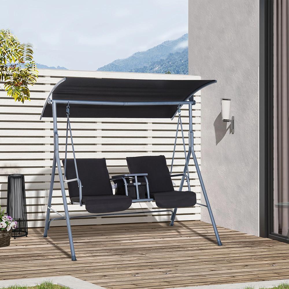 Outsunny Steel Frame 2-Seater Swing Chair w/ Table Grey 1