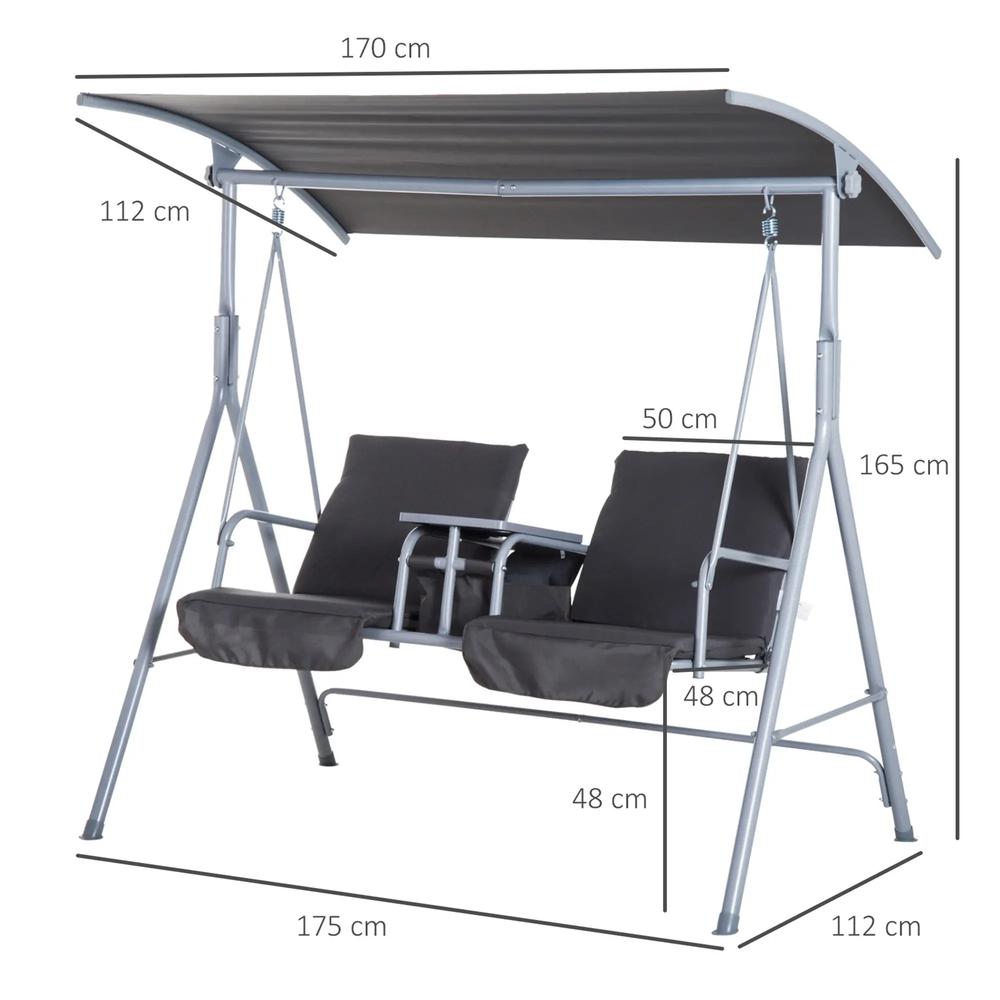 Outsunny Steel Frame 2-Seater Swing Chair w/ Table Grey 2