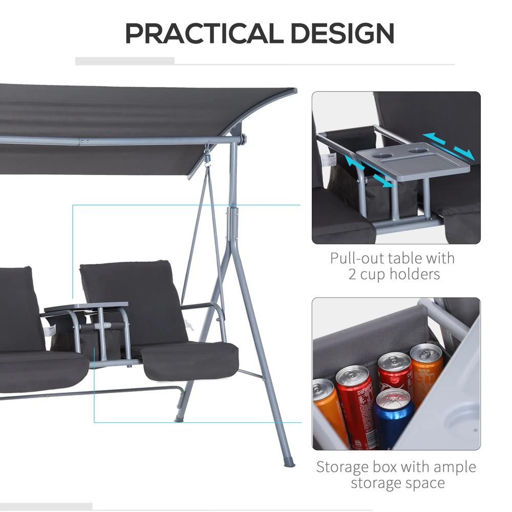 Outsunny Steel Frame 2-Seater Swing Chair w/ Table Grey 4