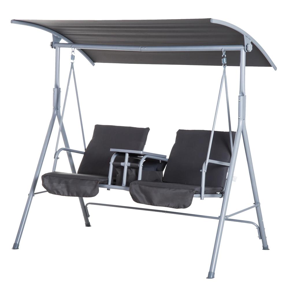 Outsunny Steel Frame 2-Seater Swing Chair w/ Table Grey 