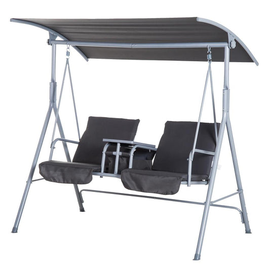 Outsunny Steel Frame 2-Seater Swing Chair w/ Table Grey 