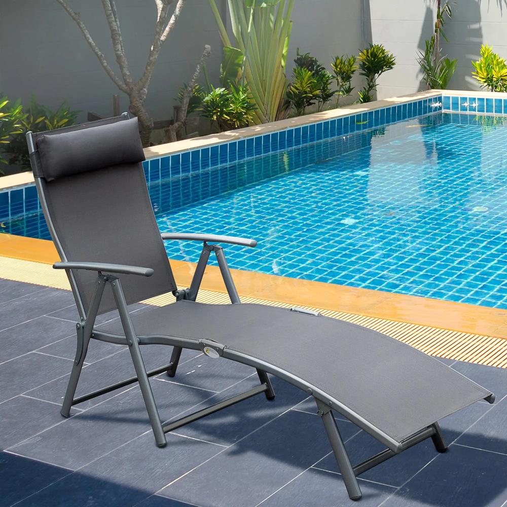 Outsunny Sun Lounger Steel Frame Outdoor Folding Chaise Texteline Lounge Chair Recliner with Headrest & 7 Levels Adjustable Backrest 1