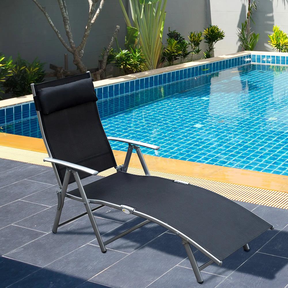 Outsunny Sun Lounger Steel Frame Outdoor Folding Chaise Texteline Lounge Chair Recliner with Headrest & 7 Levels Adjustable Backrest 11