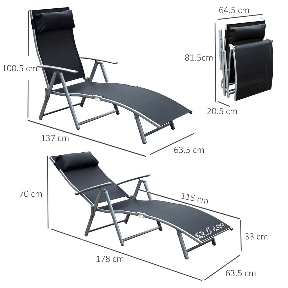 Outsunny Sun Lounger Steel Frame Outdoor Folding Chaise Texteline Lounge Chair Recliner with Headrest & 7 Levels Adjustable Backrest 12