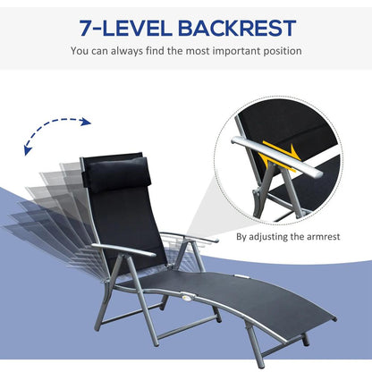 Outsunny Sun Lounger Steel Frame Outdoor Folding Chaise Texteline Lounge Chair Recliner with Headrest & 7 Levels Adjustable Backrest 13