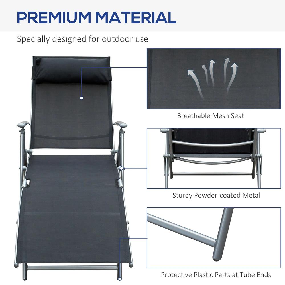 Outsunny Sun Lounger Steel Frame Outdoor Folding Chaise Texteline Lounge Chair Recliner with Headrest & 7 Levels Adjustable Backrest 16