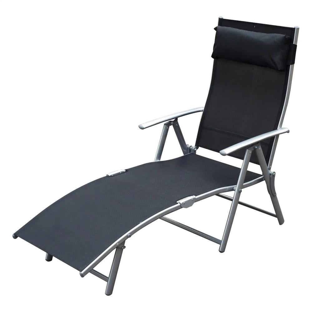 Outsunny Sun Lounger Steel Frame Outdoor Folding Chaise Texteline Lounge Chair Recliner with Headrest & 7 Levels Adjustable Backrest 19