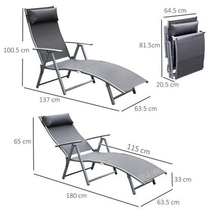 Outsunny Sun Lounger Steel Frame Outdoor Folding Chaise Texteline Lounge Chair Recliner with Headrest & 7 Levels Adjustable Backrest 2