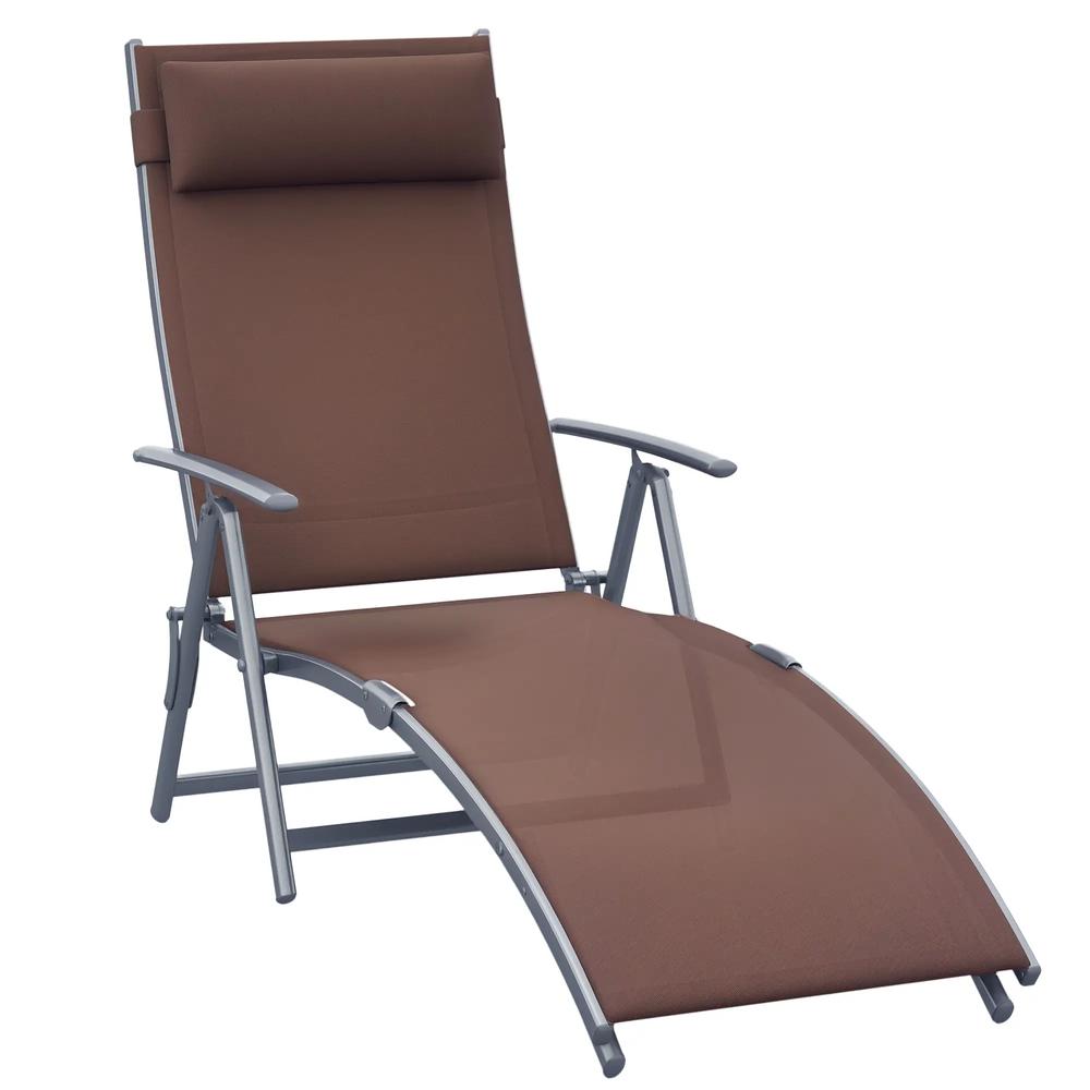 Outsunny Sun Lounger Steel Frame Outdoor Folding Chaise Texteline Lounge Chair Recliner with Headrest & 7 Levels Adjustable Backrest 20