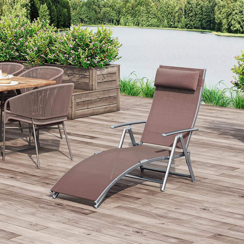 Outsunny Sun Lounger Steel Frame Outdoor Folding Chaise Texteline Lounge Chair Recliner with Headrest & 7 Levels Adjustable Backrest 21