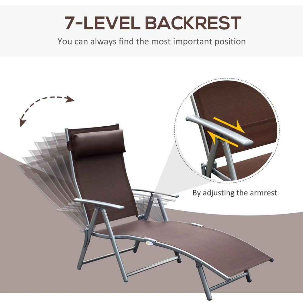 Outsunny Sun Lounger Steel Frame Outdoor Folding Chaise Texteline Lounge Chair Recliner with Headrest & 7 Levels Adjustable Backrest 23