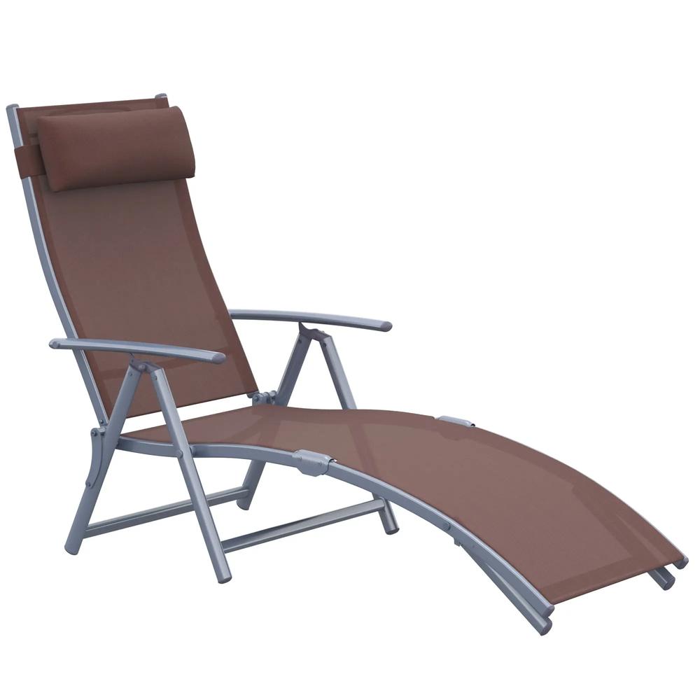 Outsunny Sun Lounger Steel Frame Outdoor Folding Chaise Texteline Lounge Chair Recliner with Headrest & 7 Levels Adjustable Backrest 29