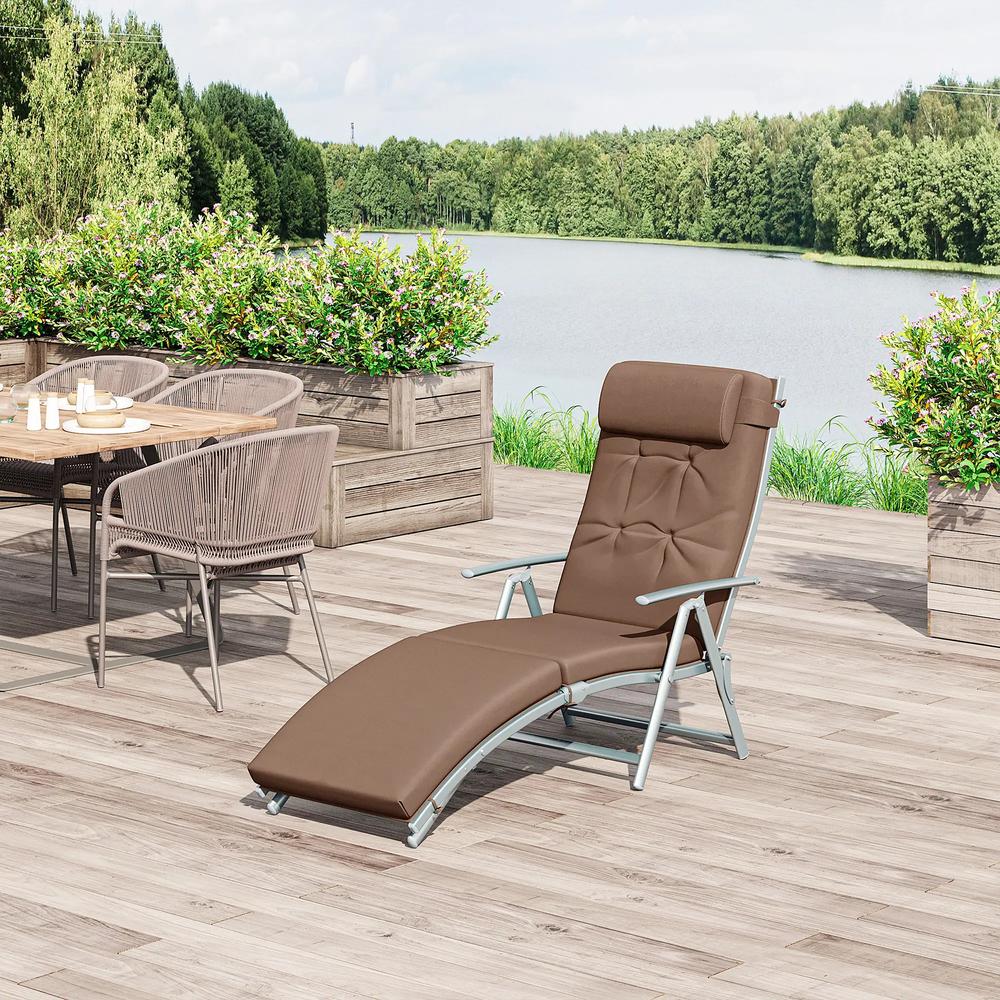 Outsunny Sun Lounger Steel Frame Outdoor Folding Chaise Texteline Lounge Chair Recliner with Headrest & 7 Levels Adjustable Backrest 31