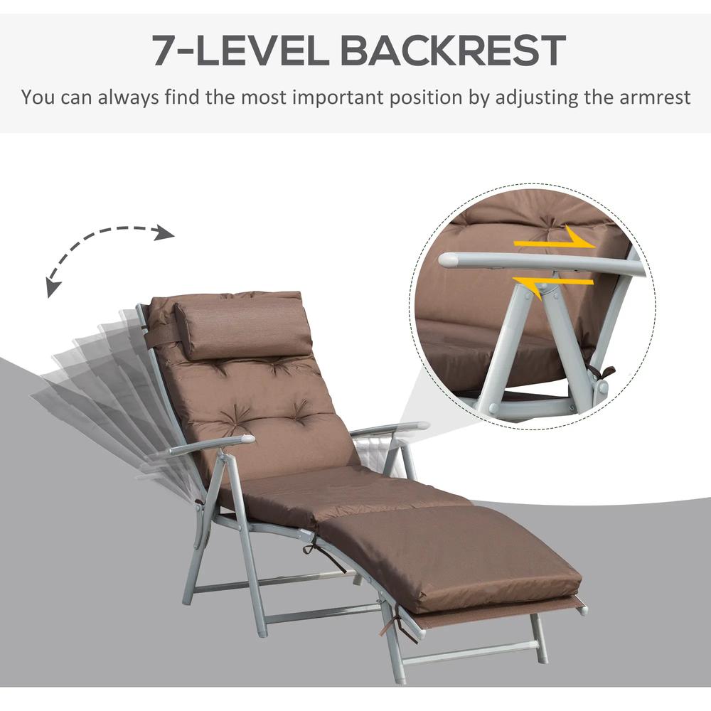 Outsunny Sun Lounger Steel Frame Outdoor Folding Chaise Texteline Lounge Chair Recliner with Headrest & 7 Levels Adjustable Backrest 33
