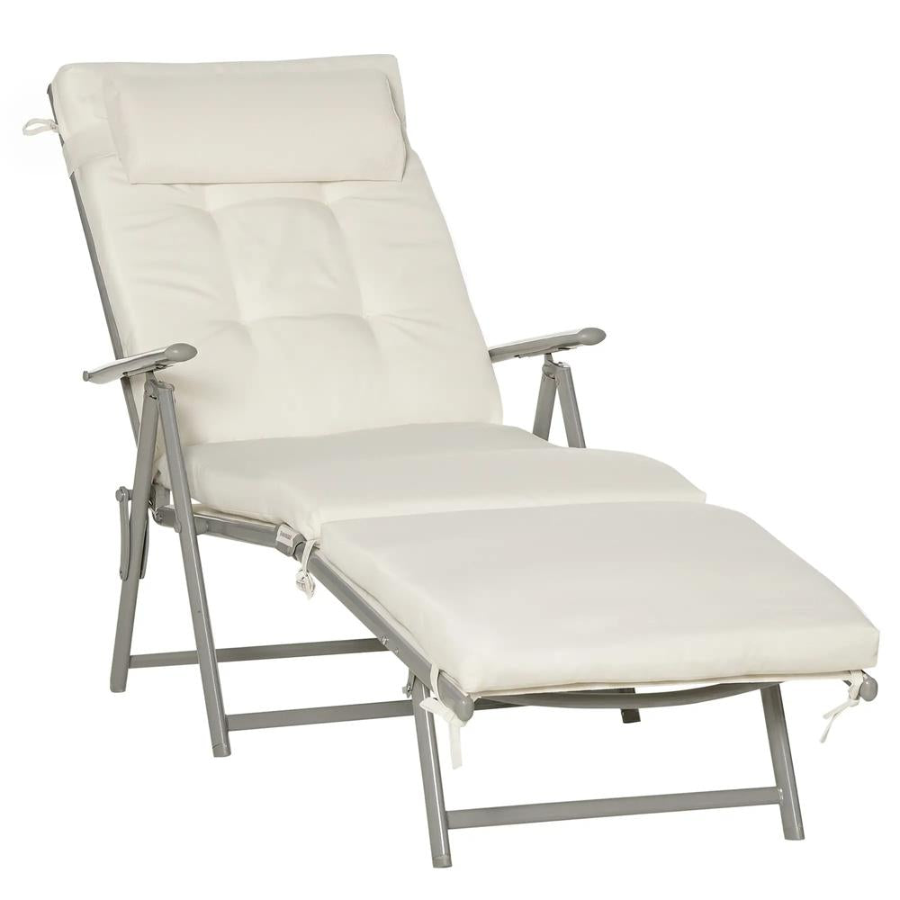 Outsunny Sun Lounger Steel Frame Outdoor Folding Chaise Texteline Lounge Chair Recliner with Headrest & 7 Levels Adjustable Backrest 42