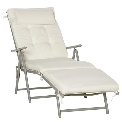 Outsunny Sun Lounger Steel Frame Outdoor Folding Chaise Texteline Lounge Chair Recliner with Headrest & 7 Levels Adjustable Backrest 42