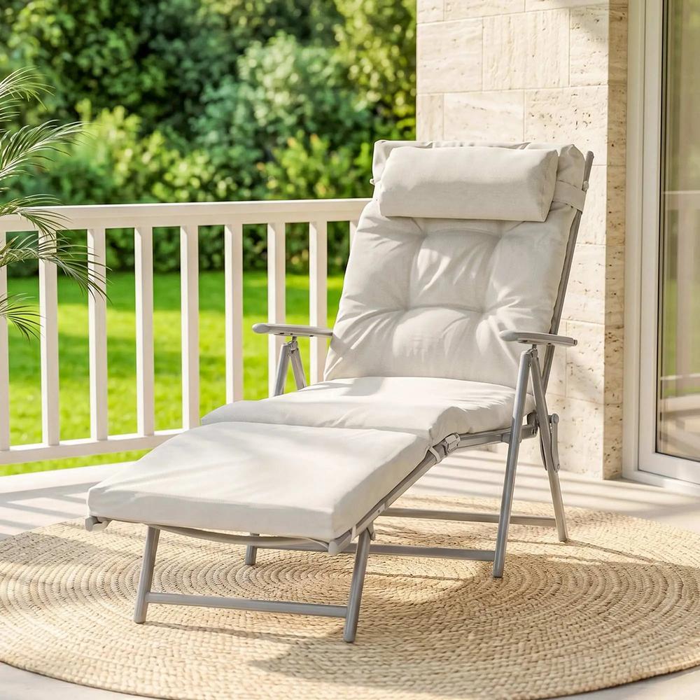 Outsunny Sun Lounger Steel Frame Outdoor Folding Chaise Texteline Lounge Chair Recliner with Headrest & 7 Levels Adjustable Backrest 43