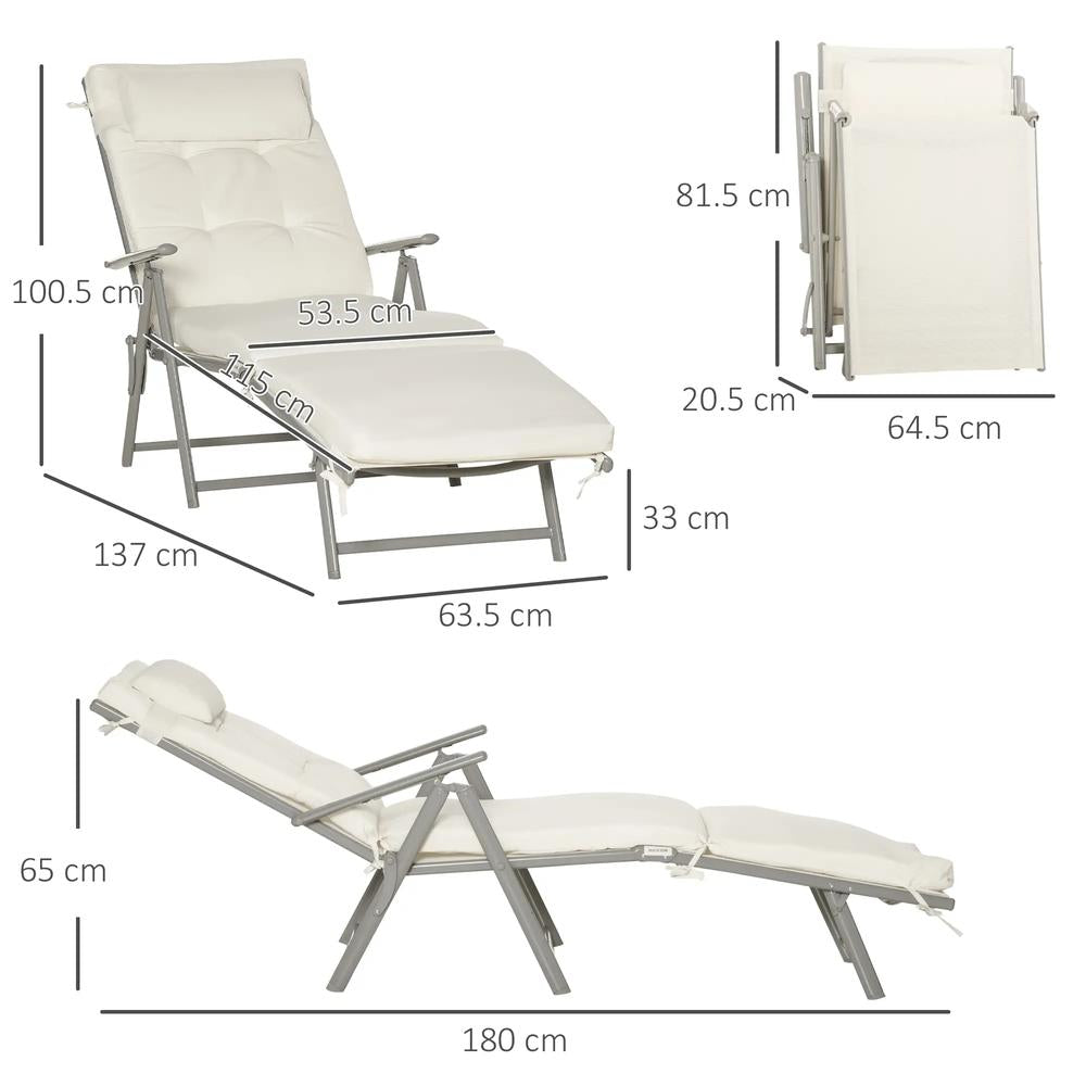 Outsunny Sun Lounger Steel Frame Outdoor Folding Chaise Texteline Lounge Chair Recliner with Headrest & 7 Levels Adjustable Backrest 44