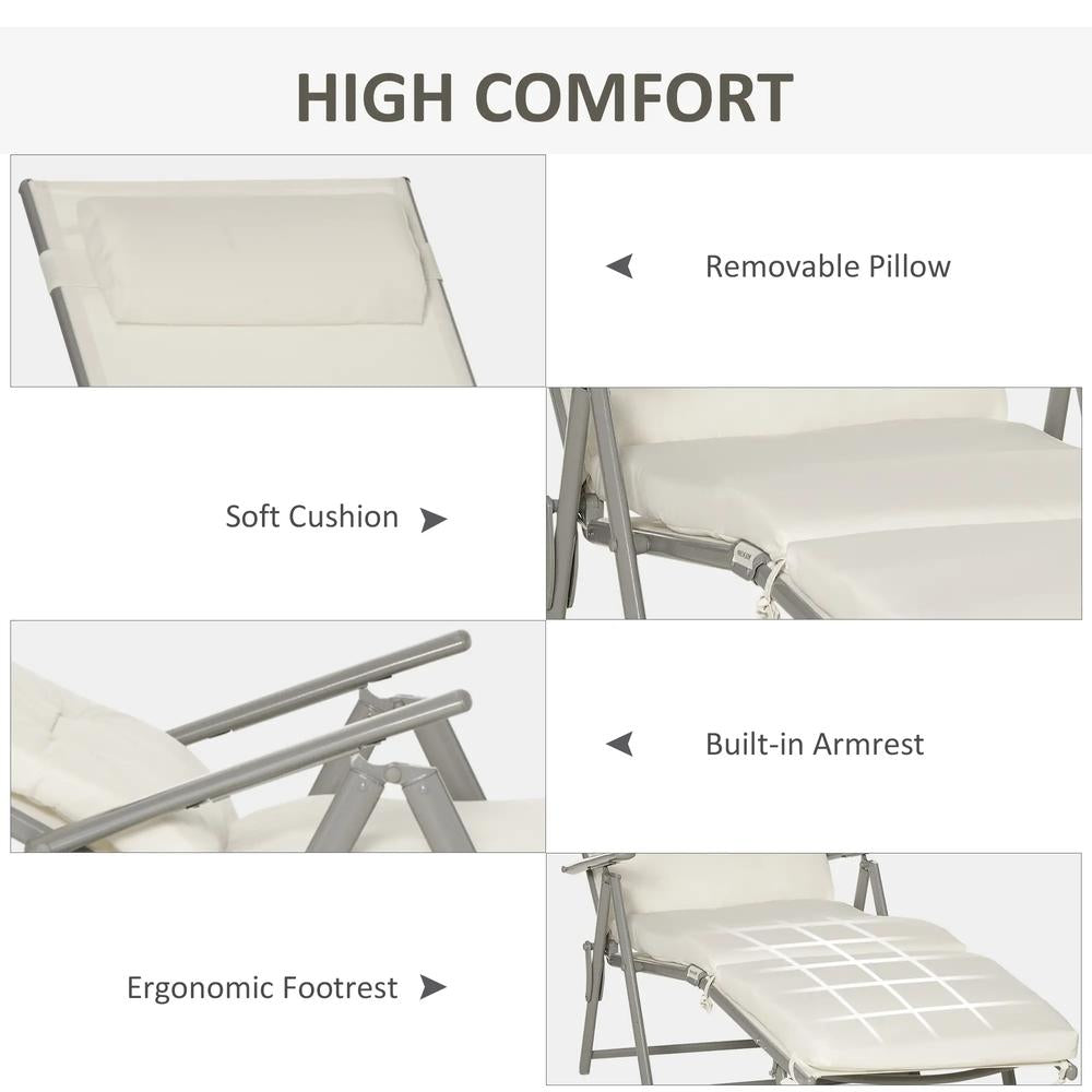 Outsunny Sun Lounger Steel Frame Outdoor Folding Chaise Texteline Lounge Chair Recliner with Headrest & 7 Levels Adjustable Backrest 46
