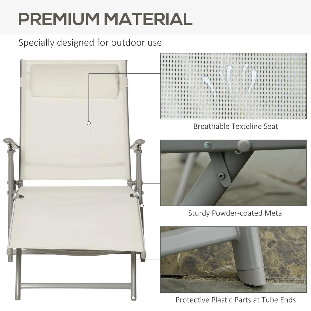 Outsunny Sun Lounger Steel Frame Outdoor Folding Chaise Texteline Lounge Chair Recliner with Headrest & 7 Levels Adjustable Backrest 48