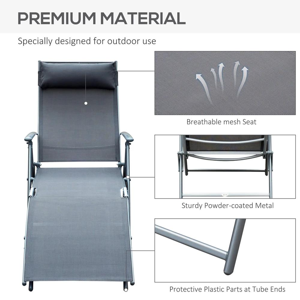 Outsunny Sun Lounger Steel Frame Outdoor Folding Chaise Texteline Lounge Chair Recliner with Headrest & 7 Levels Adjustable Backrest 6