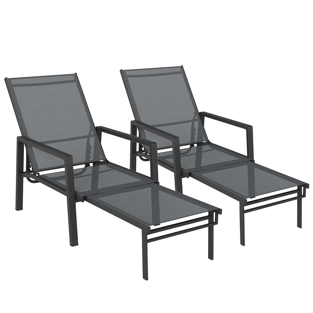 Outsunny Sun Loungers Set of 2 Retractable Footrest 5-Position Adjustable Steel Frame for Beach, Porch, Patio, Camping 11