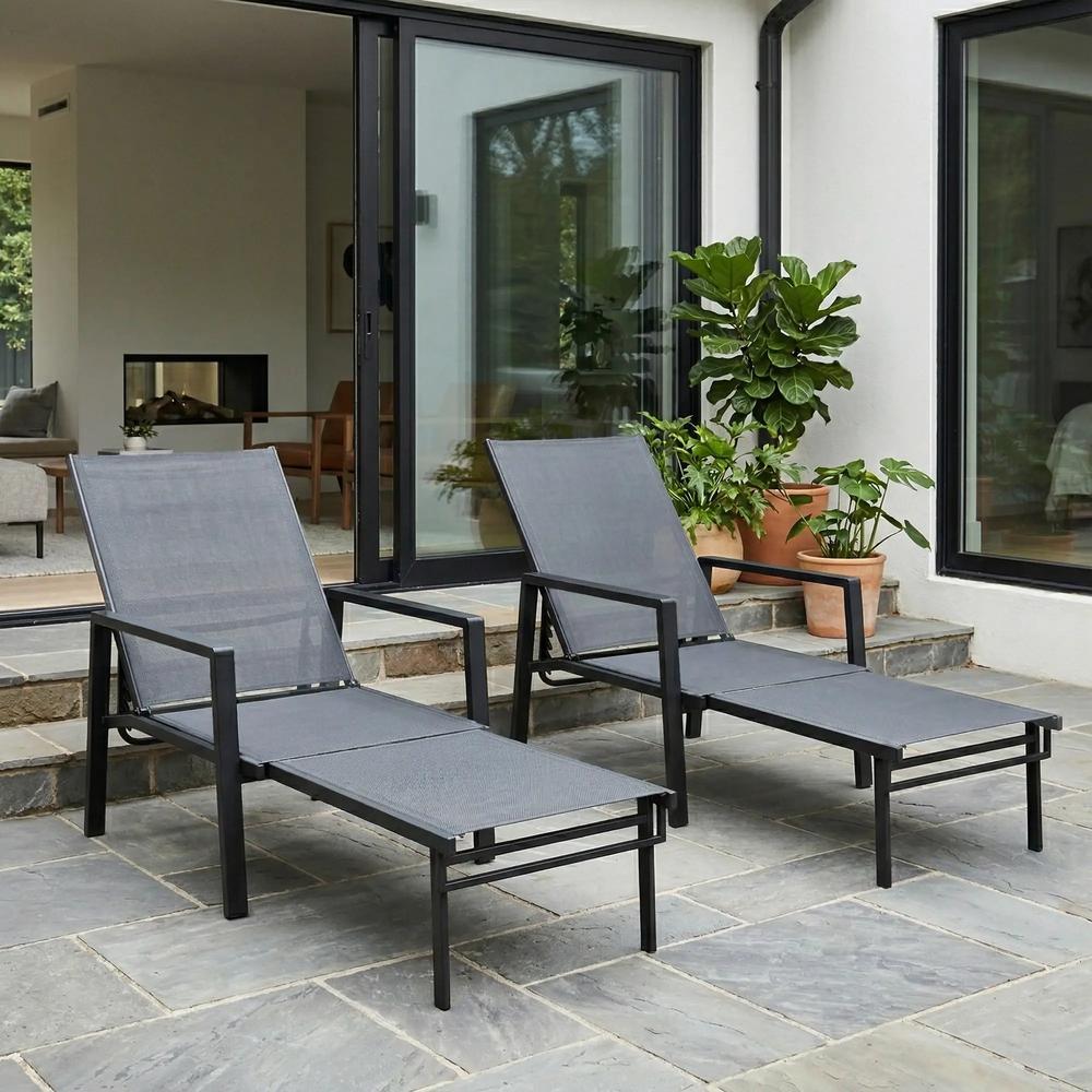 Outsunny Sun Loungers Set of 2 Retractable Footrest 5-Position Adjustable Steel Frame for Beach, Porch, Patio, Camping 12