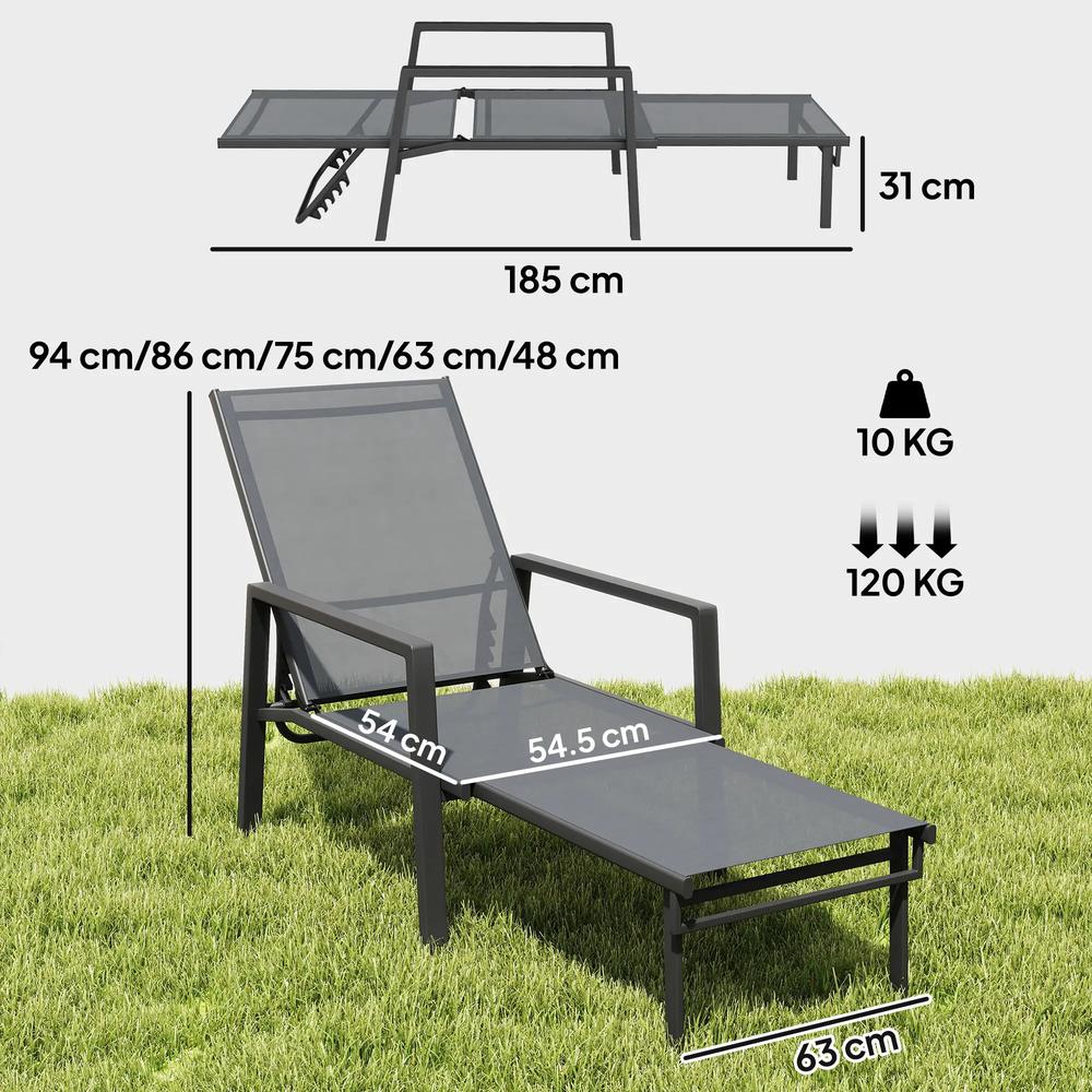 Outsunny Sun Loungers Set of 2 Retractable Footrest 5-Position Adjustable Steel Frame for Beach, Porch, Patio, Camping 13