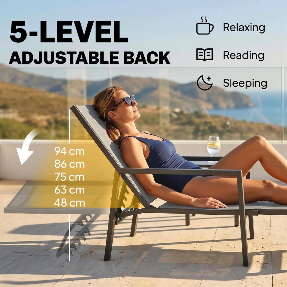 Outsunny Sun Loungers Set of 2 Retractable Footrest 5-Position Adjustable Steel Frame for Beach, Porch, Patio, Camping 15