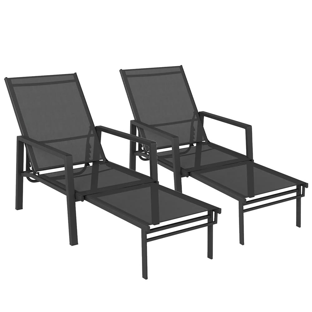 Outsunny Sun Loungers Set of 2 Retractable Footrest 5-Position Adjustable Steel Frame for Beach, Porch, Patio, Camping 