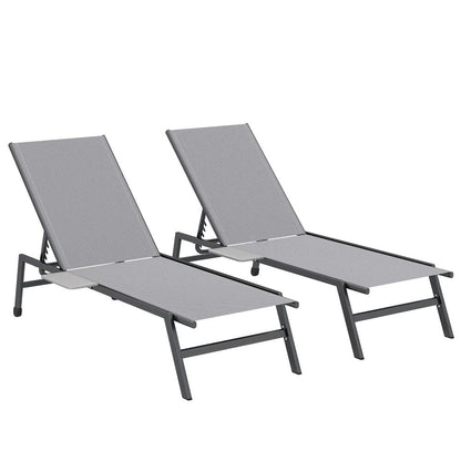 Outsunny Sun Loungers Set of 2 with Side Tray Table, Garden Recliners with 5-Position Adjustable Backrest, 2 Wheels 10