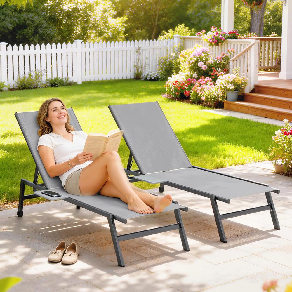 Outsunny Sun Loungers Set of 2 with Side Tray Table, Garden Recliners with 5-Position Adjustable Backrest, 2 Wheels 11