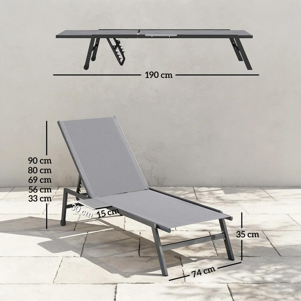 Outsunny Sun Loungers Set of 2 with Side Tray Table, Garden Recliners with 5-Position Adjustable Backrest, 2 Wheels 12