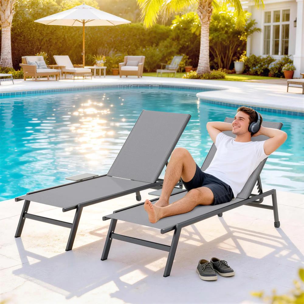 Outsunny Sun Loungers Set of 2 with Side Tray Table, Garden Recliners with 5-Position Adjustable Backrest, 2 Wheels 19