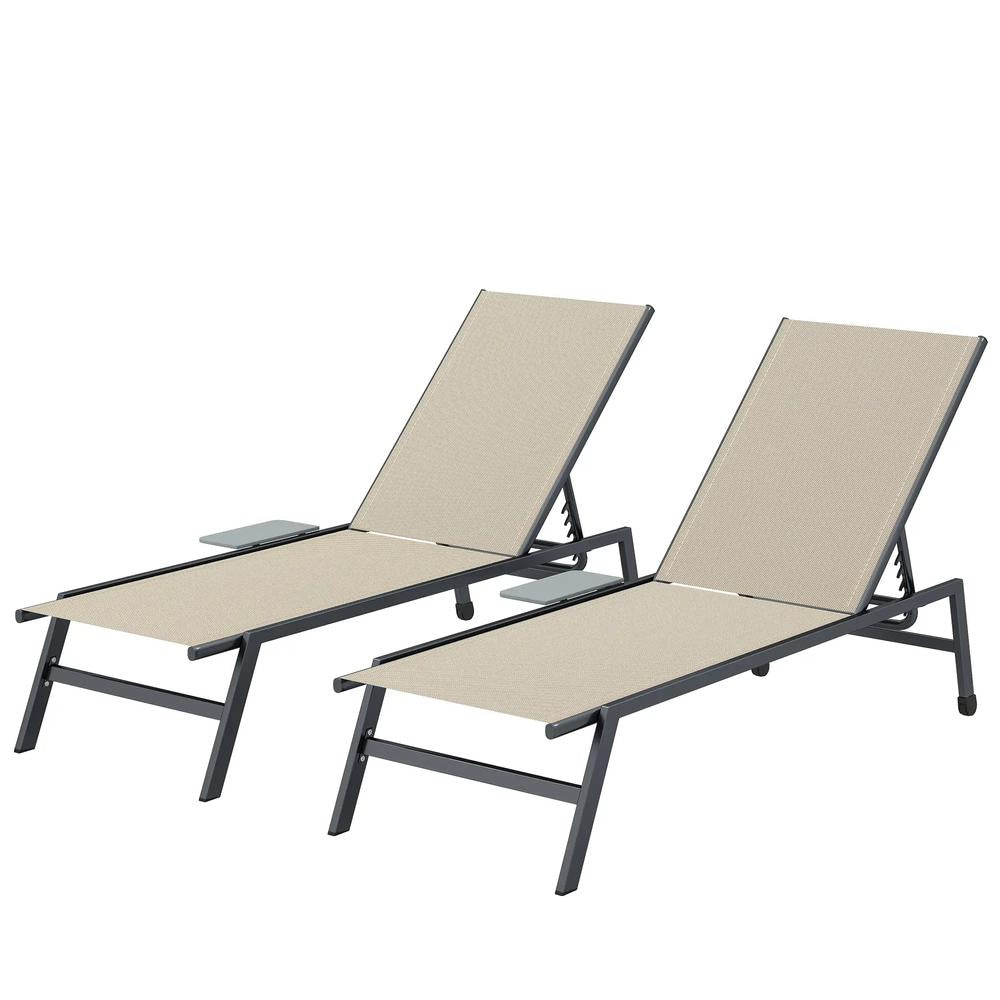 Outsunny Sun Loungers Set of 2 with Side Tray Table, Garden Recliners with 5-Position Adjustable Backrest, 2 Wheels 9