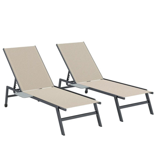 Outsunny Sun Loungers Set of 2 with Side Tray Table, Garden Recliners with 5-Position Adjustable Backrest, 2 Wheels 