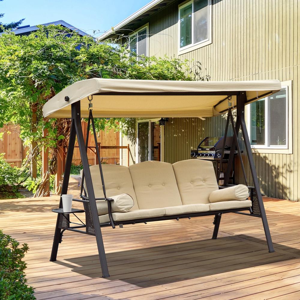 Outsunny Swing Chair Hammock Chair 3 Seater Canopy Cushion Shelter Outdoor Bench Steel Beige 1